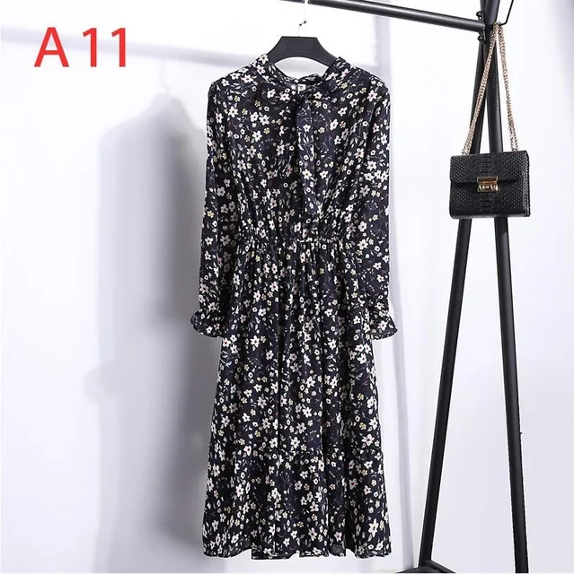 A11 Корейская черная рубашка Vestidos для офиса в горошек, винтажные осенние платья, Женское зимнее платье, миди платье с цветочным рисунком и длинным рукавом для женщин - Цвет: A11