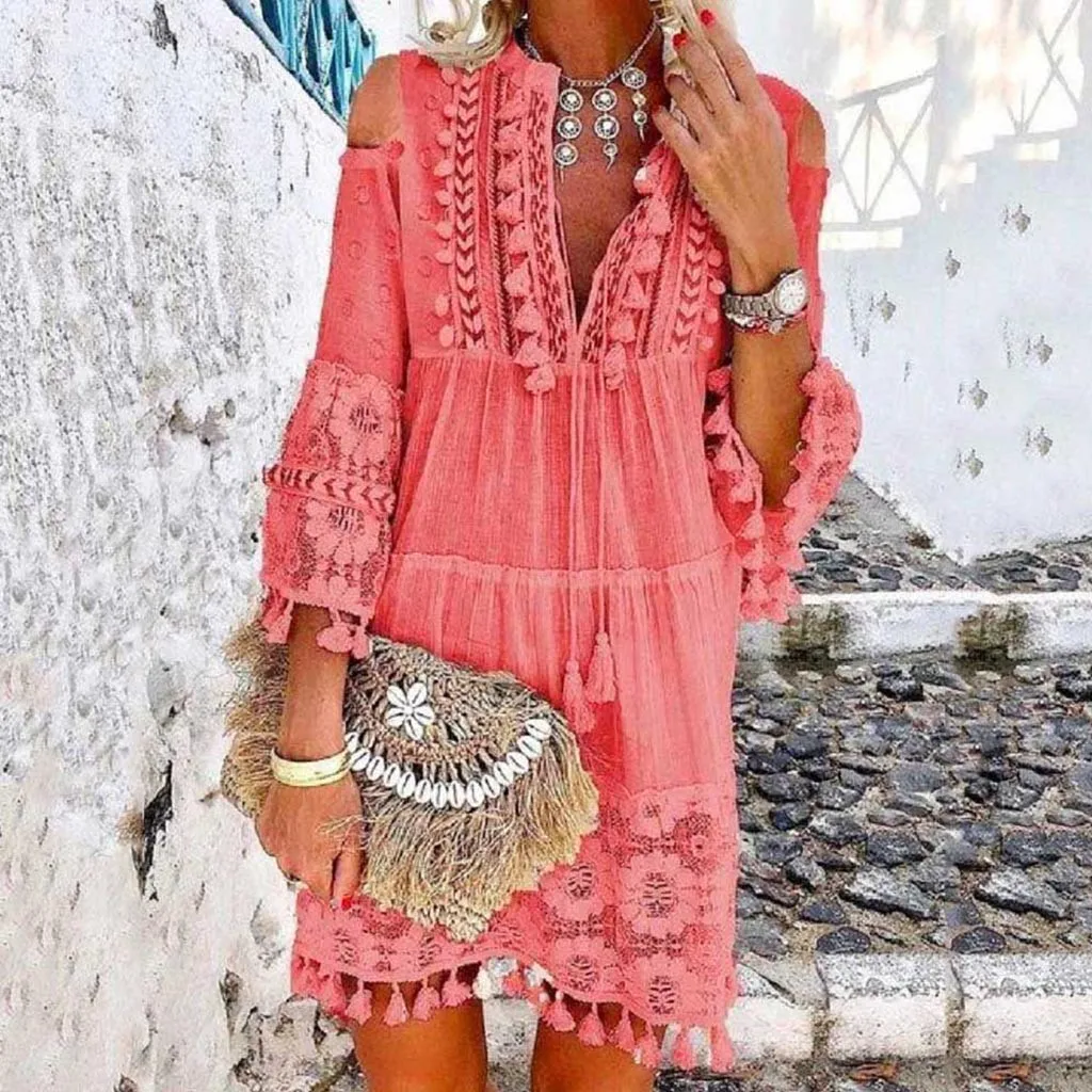 Модное повседневное богемное однотонное короткое платье большого размера с V