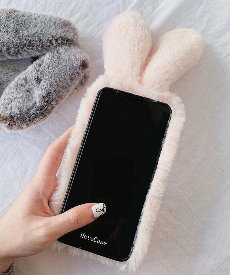 3D милый кролик волосатые Обувь на теплом меху чехол для iPhone X со стразами Плюшевые
