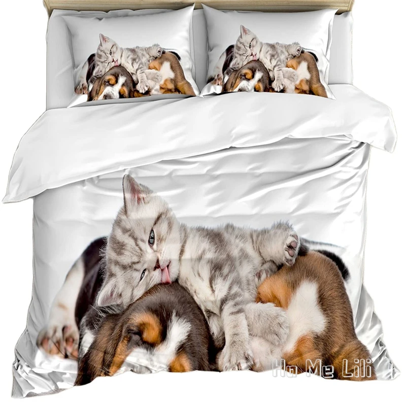 

Funny By Ho Me Lili Duvet Cover Set Kitten Lying On The Puppies Basset Hound And Licks Sleeping Cuddle Picture Decor Bedding