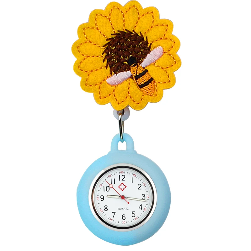 FOB Nurse Pocket Watch Sunflower Bee Lapel Digital Medical Clock  Pin Clip Jojo ID Round Reel Lanyard