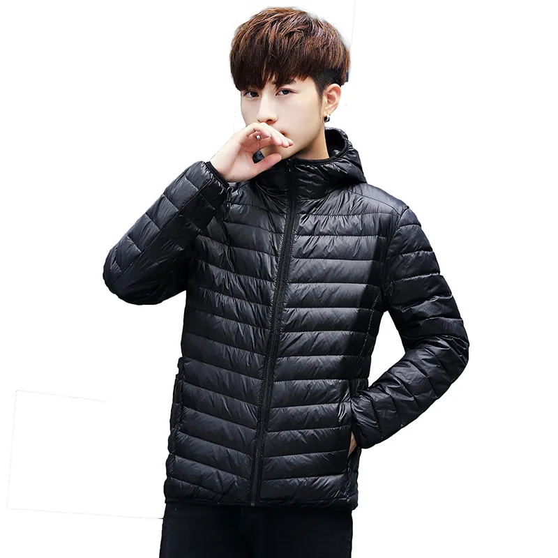 

Осенне-зимний легкий пуховик, мужской короткий пуховик с воротником-стойкой и капюшоном, ультратонкий легкий мужской пуховик, облегающее п...