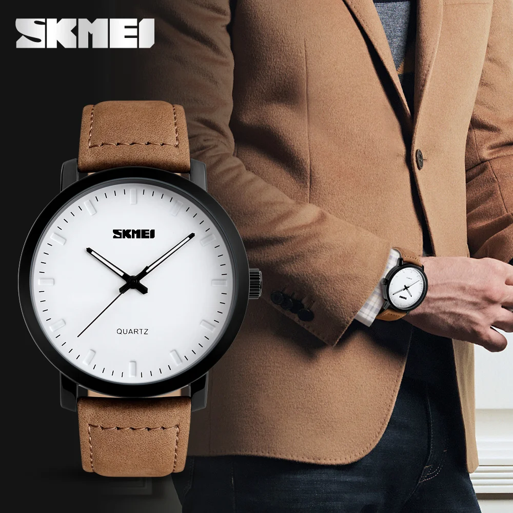 

SKMEI Mens Watches Casual Top Brand Elegant Leather Strap 3Bar Waterproof Quartz Wristwatches Business Masculino- Brown Yellow