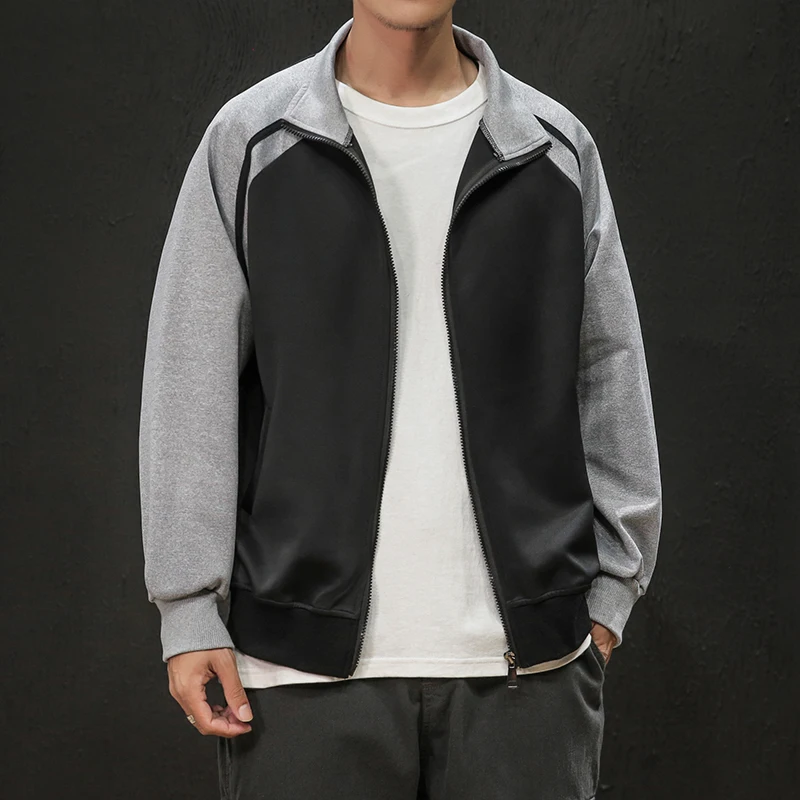 

Autumn coat male spring and autumn trend loose Japanese color matching collar jacket men's sports cardigan casual clothes