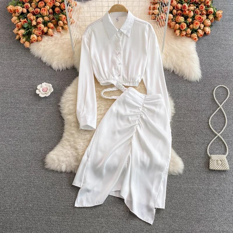 

Fashion Casual Skirts Suit Women Short Navel Exposed White Shirt Girl Two-piece Set Irregular Medium Length High Waist Skirt