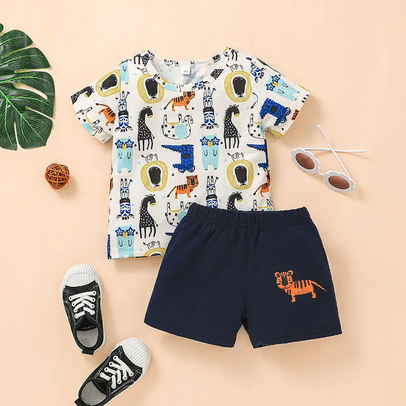 

2021 Summer Children Sets Short Sleeve Print Cartoon Animal T-shirt Black Shorts 2Pcs Roupa Infantil Menina Clothes Sets 18M-6T