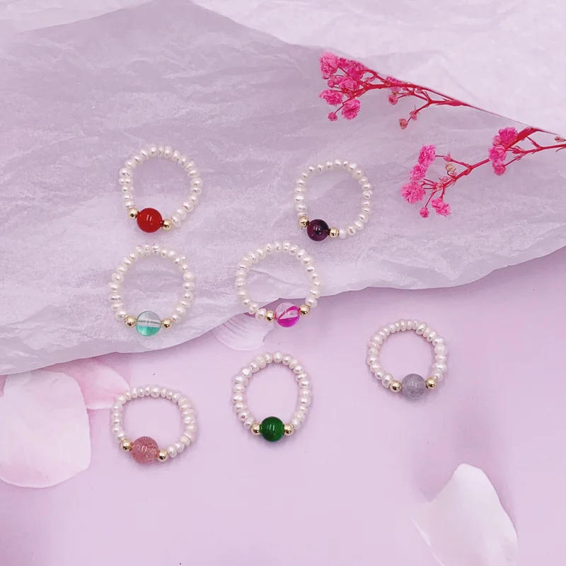 

Minar Chic Multi Coloured Natural Stone Charm Rings for Women Ladies Luxury Freshwater Pearl Beaded Ring Delicate Accessories