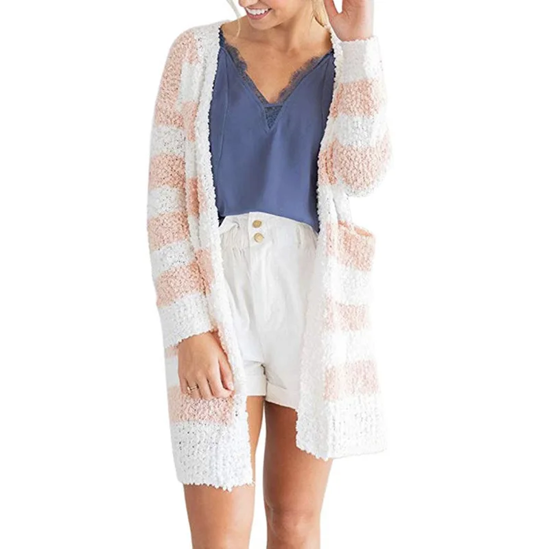 

Повседневная Свободная осенне-зимняя Европейская теплая одежда в полоску, зимние платья, длинный кардиган, свитер с карманами