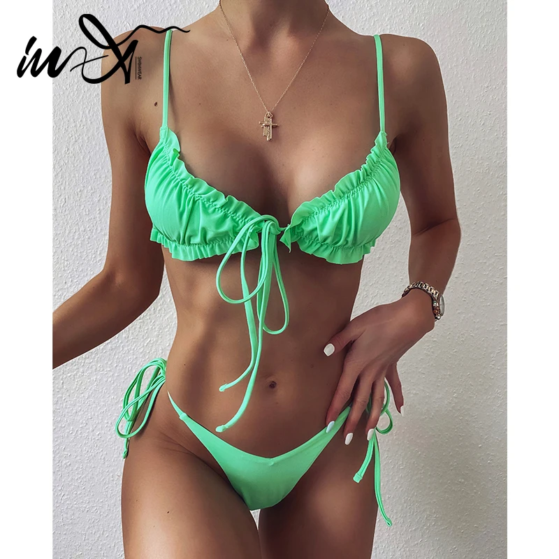 Бикини In X с микро оборками купальник зелеными лентами женский женские