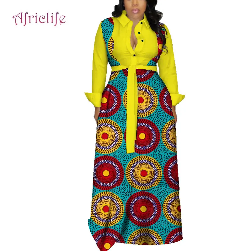 

Stock Size Low Price African Dresses For Women Autumn Long Casual Shirt Dress Print Cotton Maxi Dress WY4079