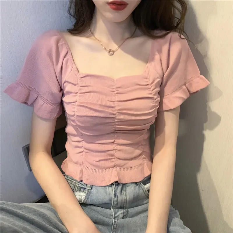 

Knitted Ruffle Summer Top With High waist Cropped Blouse Women Tube Tops Short sleeve White Black Solid color Shirt 2021 Fashion