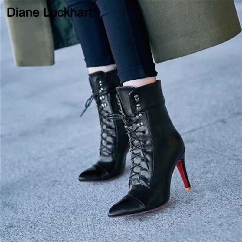 Женские ботинки на шнуровке кожаные высоком каблуке большие размеры 34 43 Осень