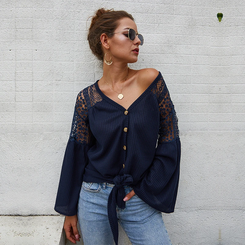 

Fashion Flare Sleeve Knitted Tops Women Casual Solid V-neck Hollow Out Single Breasted Lace Up Sweater Top 2020 New