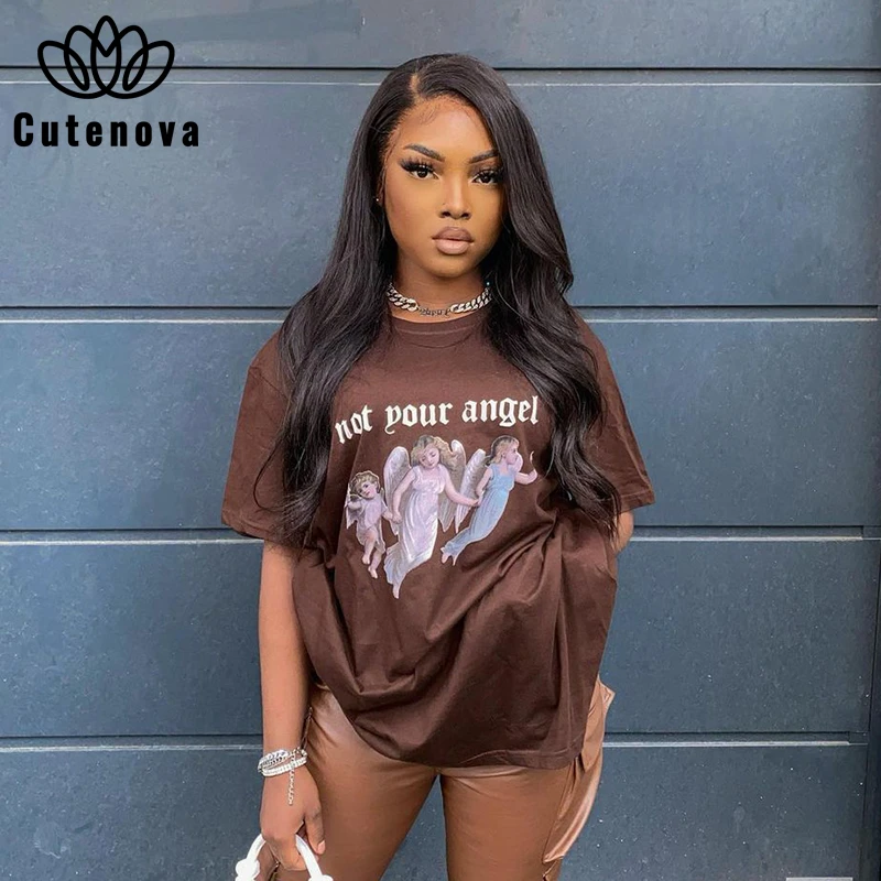 

CuteNOVA Y2K Fashion Angel pattern Plus Text Printing Long Casual T-shirt Sport High Street All-match Retro Style Summer Woman