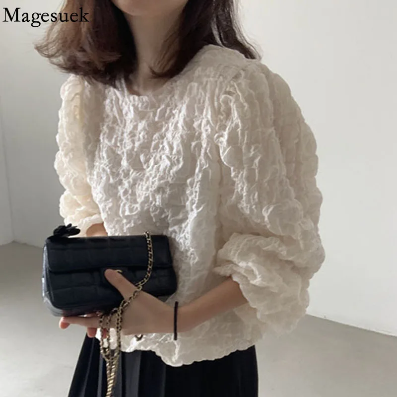 

Korean Pleated Long Sleeve Blouse Women Simple O Neck Autumn Casual Women's Shirt Puff Sleeve Fashion Tops Female Blusas 16025