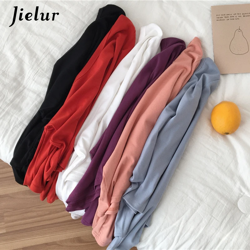 Jielur 6 Solid Color Harajuku Long Sleeve Crop Top Autumn Winter Slim Basic Tshirt Women All-match Purple Korean T Shirt Femme | Женская