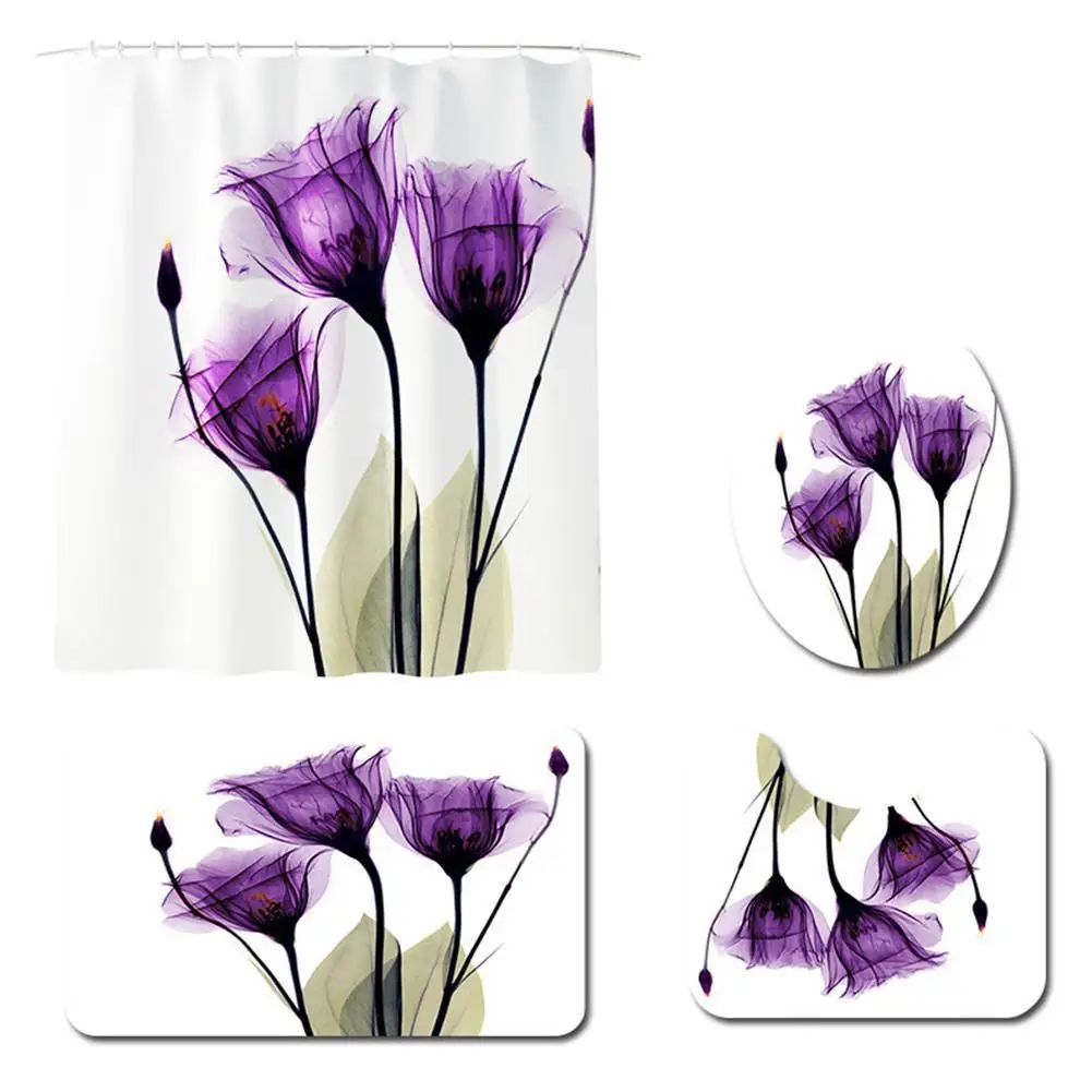 

4 pcs/Set Purple Flowers Printing Bathroom Shower Curtain Floor Mat Toilet Seat Cover Foot Pad
