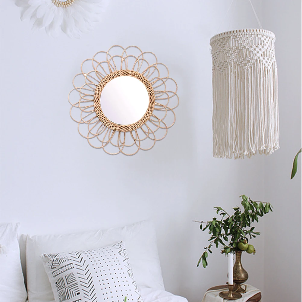 

40cm Hanging Mirror Rattan Sunflower Circular Wall Mirror Decor Boho Wicker Dressing Makeup Mirrors