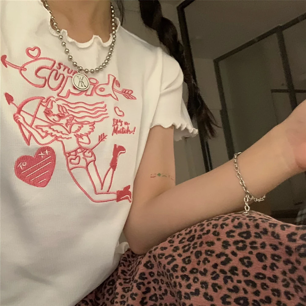 

Embroidered Curling Short-Sleeved T-Shirt Bottoming Shirt Summer Korean Round Neck Slim Short White Top