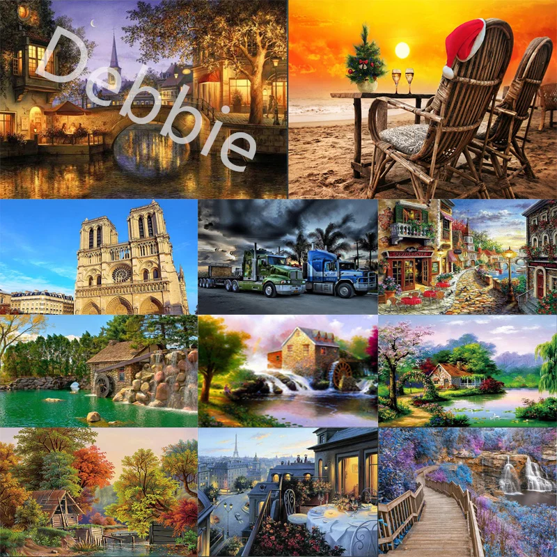 

5D Алмазный пейзаж, алмазная вышивка, полная фотокартина, дом, город, строительство, озеро, грузовик