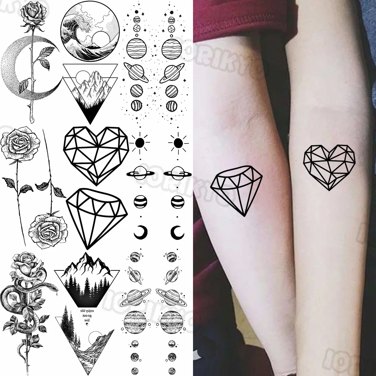 

Geometric Diamond Small Temporary Tattoos For Women Girls Realistic Snake Rose Flower Planet Fake Tattoo Sticker Arm Tatoos Body
