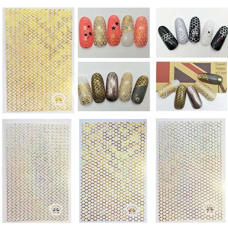 

4pcs nail sticker Hexagon grid pattern For Nails Geometric Stripes Line Design Foils Sliders For Nails Decoration Decal Manicure
