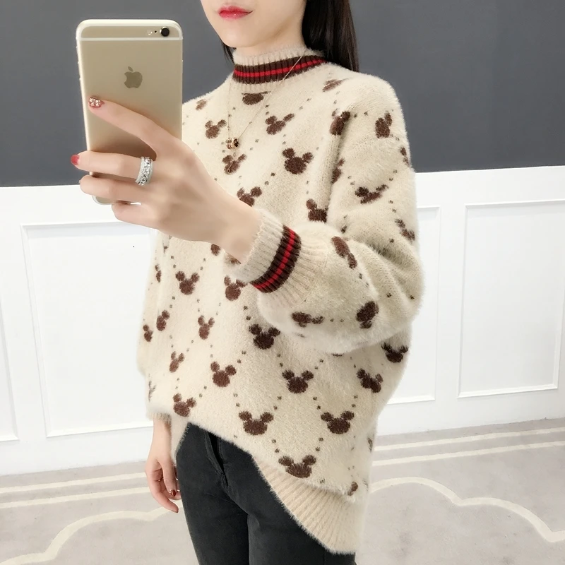 Женские Длинные Пуловеры и свитера с рисунком Микки Мауса 2019 джемпер оверсайз