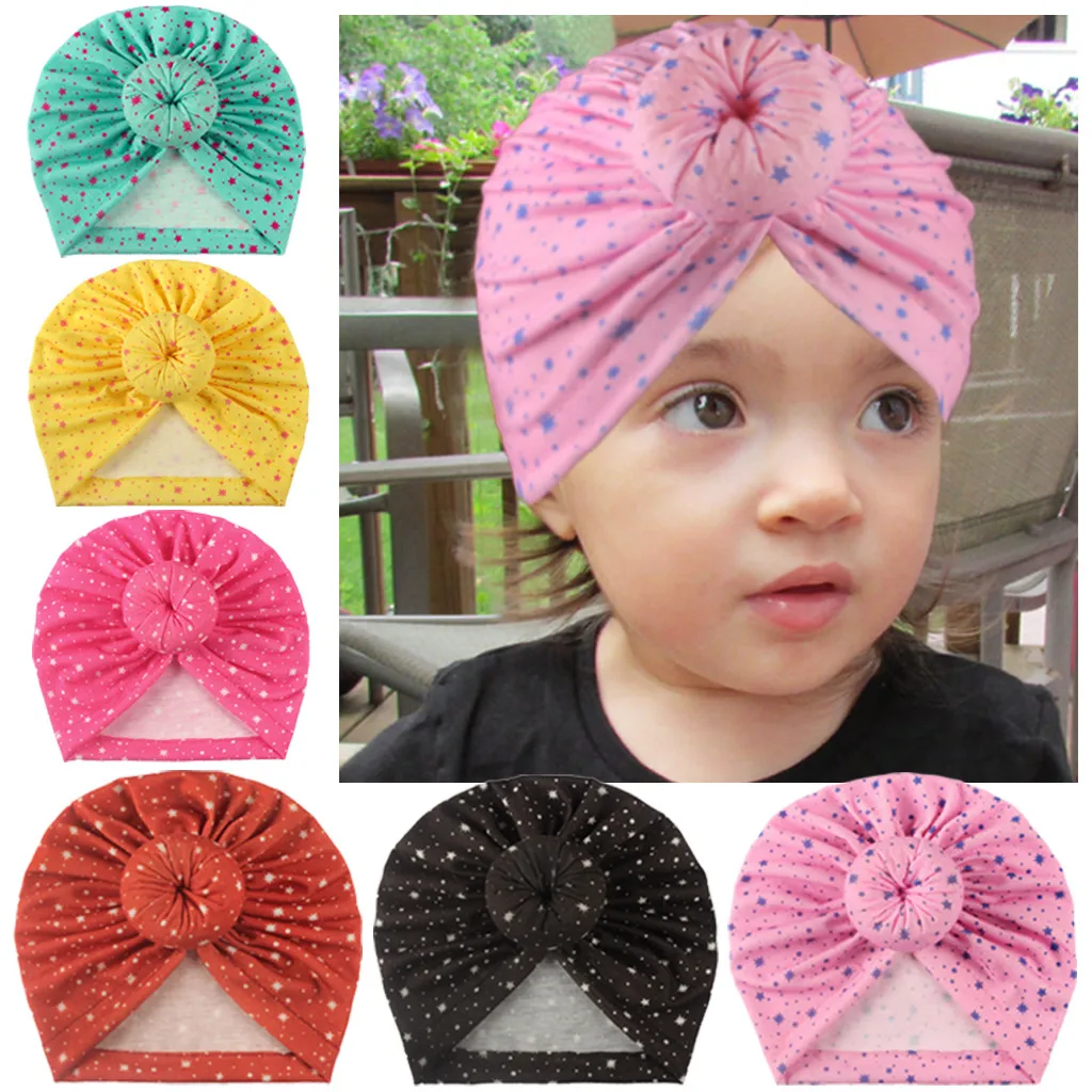 

Baby Girls Star Print Colored Donut Hats Knotted Turban Headb Hood Newborn Bow Headwear Cap Unisex Cotton Soft Baby Beanie Hats