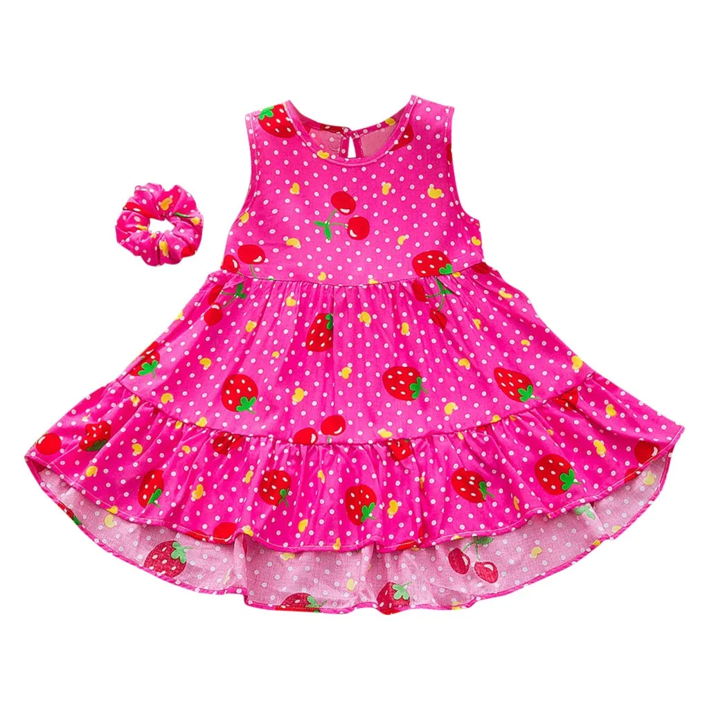 Baby Kids Girls Sleeveless Strawberry Dot Printed Dress+Headband Clothes Set 1 2 3 4 Years | Детская одежда и обувь