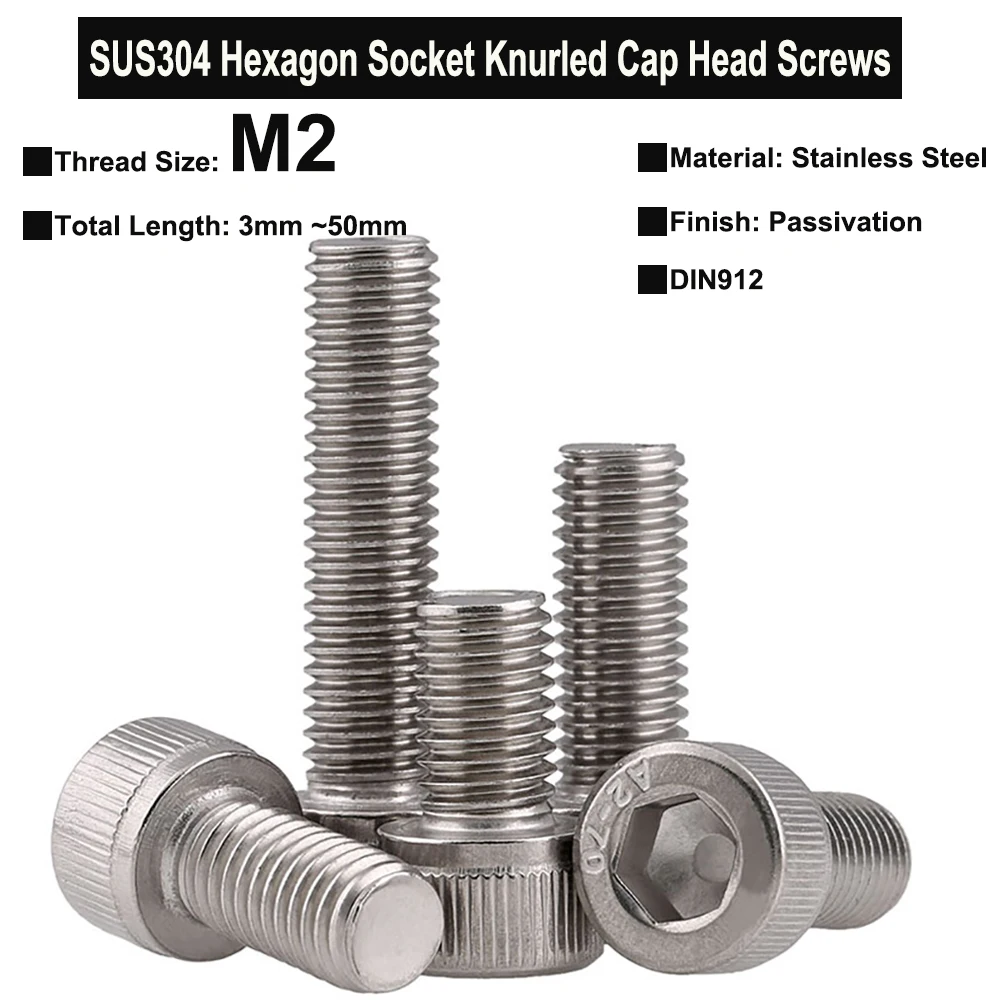 

50/30/10/5Pcs M2 SUS304 Stainless Steel Hexagon Socket Knurled Cap Head Screws DIN912 Thread Length 3mm ~ 50mm Super Small Screw