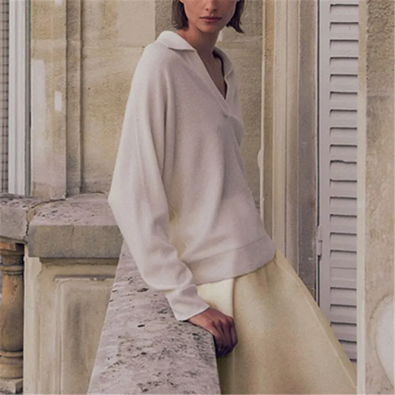 

Женский свитер-поло с длинным рукавом, бежевый Повседневный вязаный пуловер с воротником, весна 2022