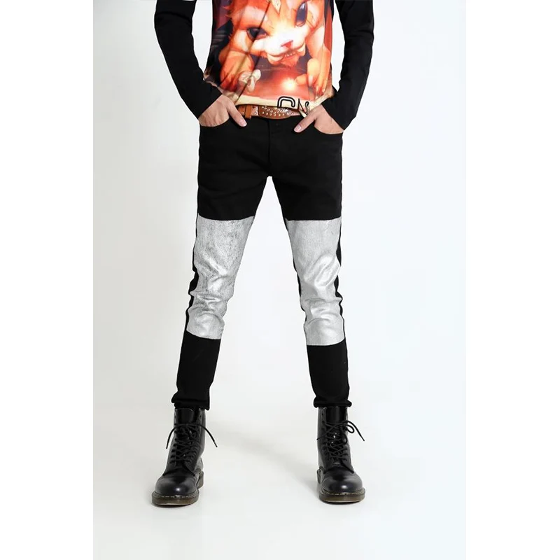 Брюки-Карандаш мужские большого размера, серебристые штаны в стиле Харадзюку, панк, с лакокрасочным покрытием, штаны с защитой от ударов от AliExpress WW
