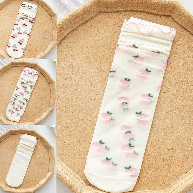 

SummerNew JapaneseThin Women's Socks Ins Strawberry Cute Card Silk in Tube Lace Girl JK Lolita Student Breathable Lace Flower