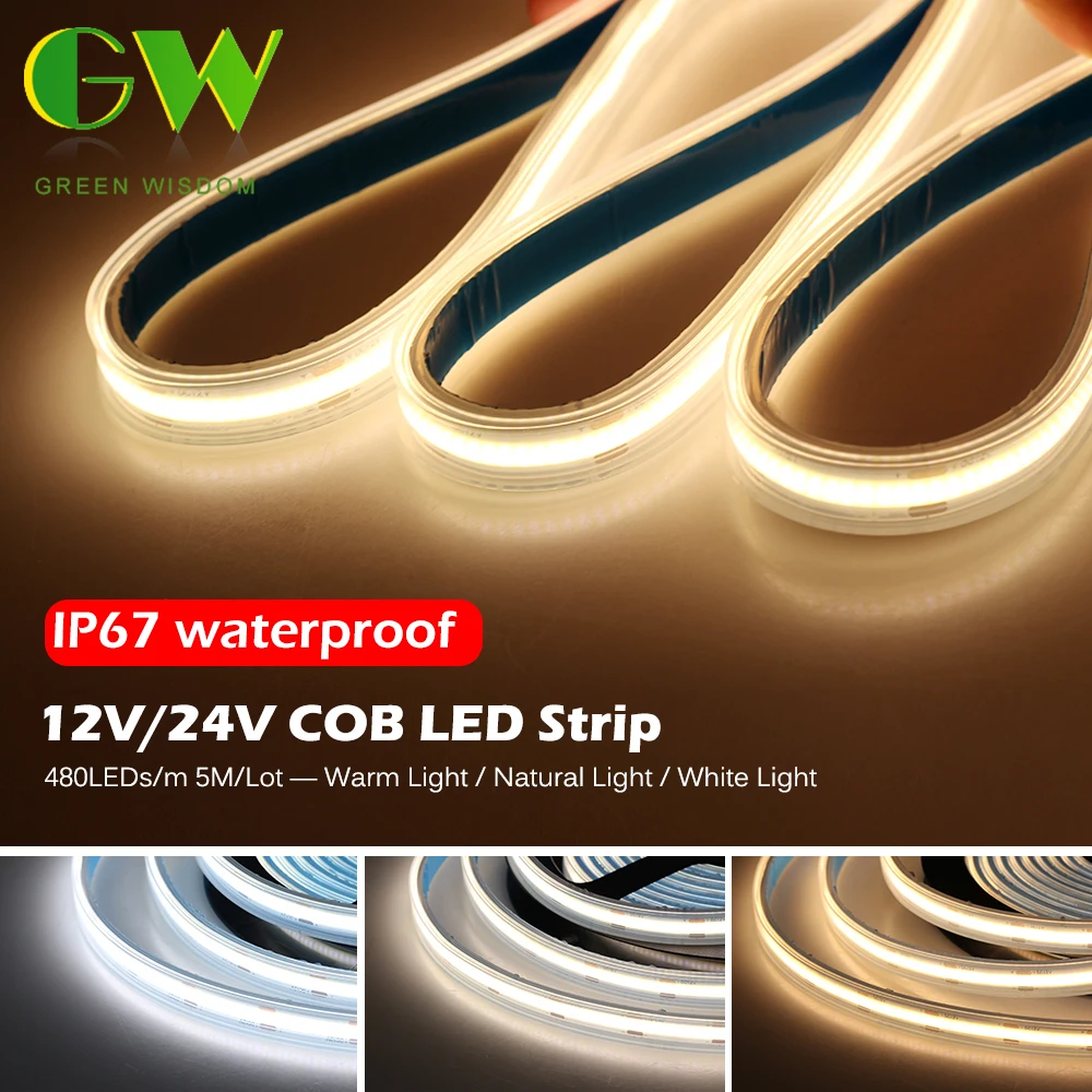 COB LED Strip Light 480 LEDs High Density IP67 Waterproof Flexible COB LED Lights DC12V 24V Warm Natural Cool White LED Tape 5M