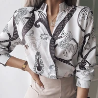 2021 new long sleeved shirt womens lapel cardigan jacket temperament commuter fashion cross border printed shirt