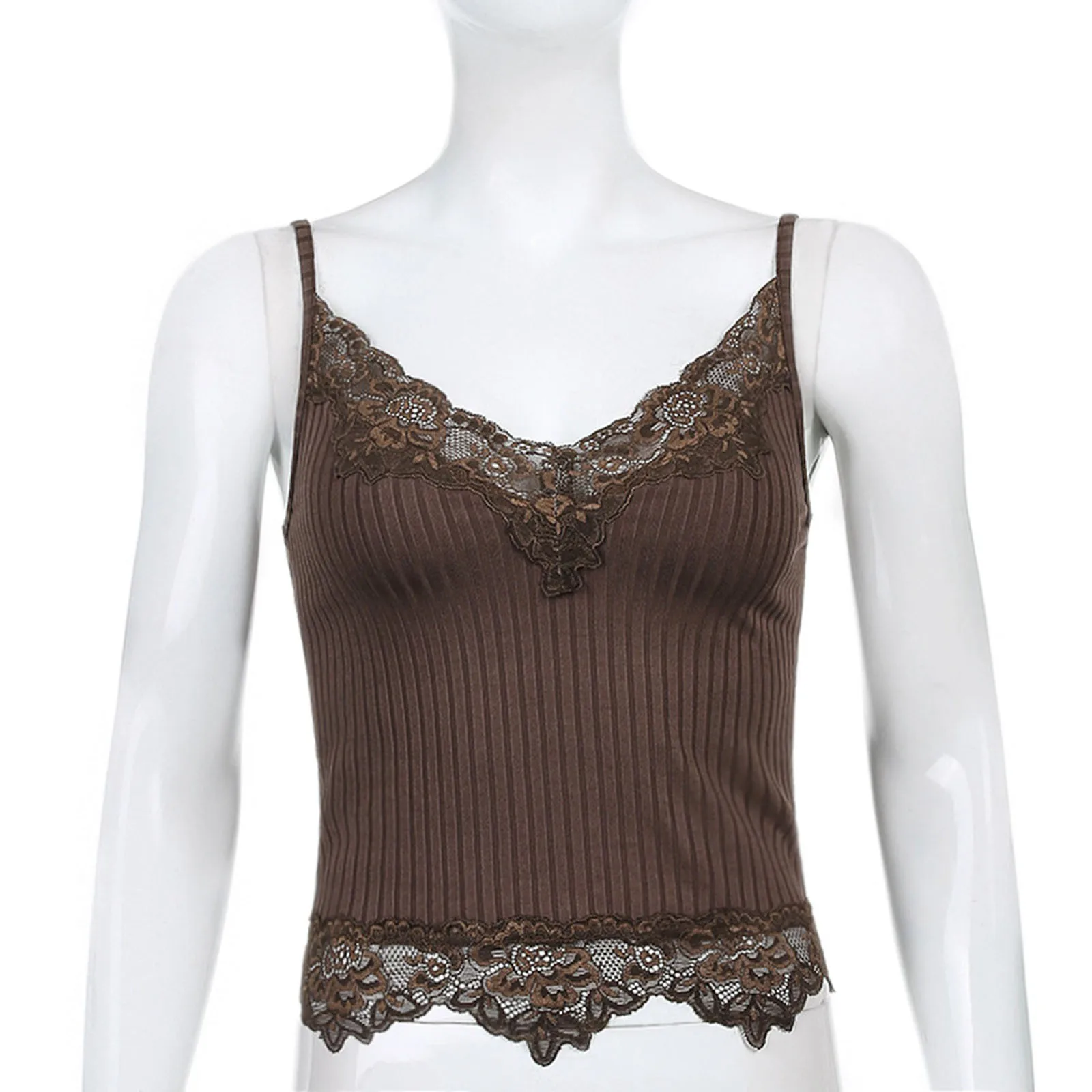 

Women Lace Ribbed Tops Vest Summer E Girl Brown Sexy V Neck Cami Gobincore Grunge Aesthetic Clothes Vintage 90s Y2K Crop Top