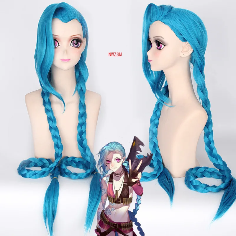 

Lol Jinx Cosplay Pruik 120Cm Blauw Paardenstaart Lange Synthetische Haar Pruiken Voor Halloween Party