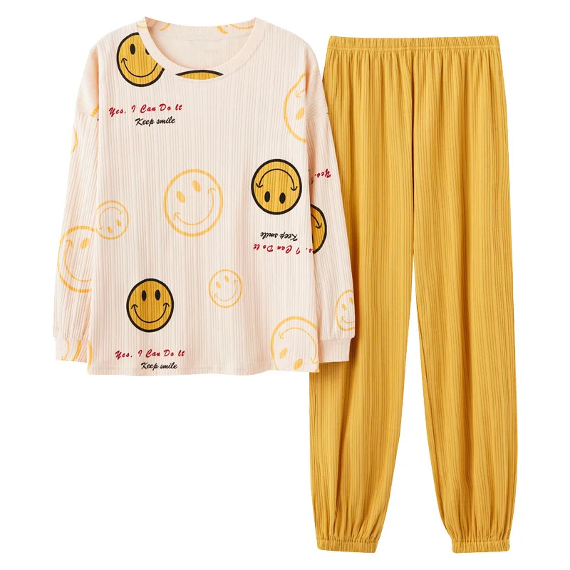 

Women's Spring and Autumn Thin Cotton Long-sleeved Trousers Suits Korean Fashion Loose Round Neck Ladies Cotton Home Clothes