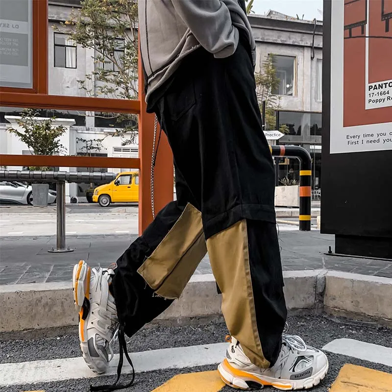 UNCLEDONJM Цвет блок брюки-карго для мужчин Уличная одежда в стиле хип-хоп с свободной