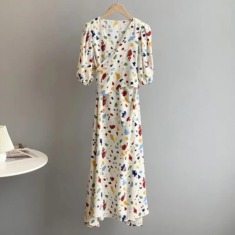 

2021 Women Long Dress Flower Print Short Sleeve Women Chiffon Dress Slim Waist Design Women Dress