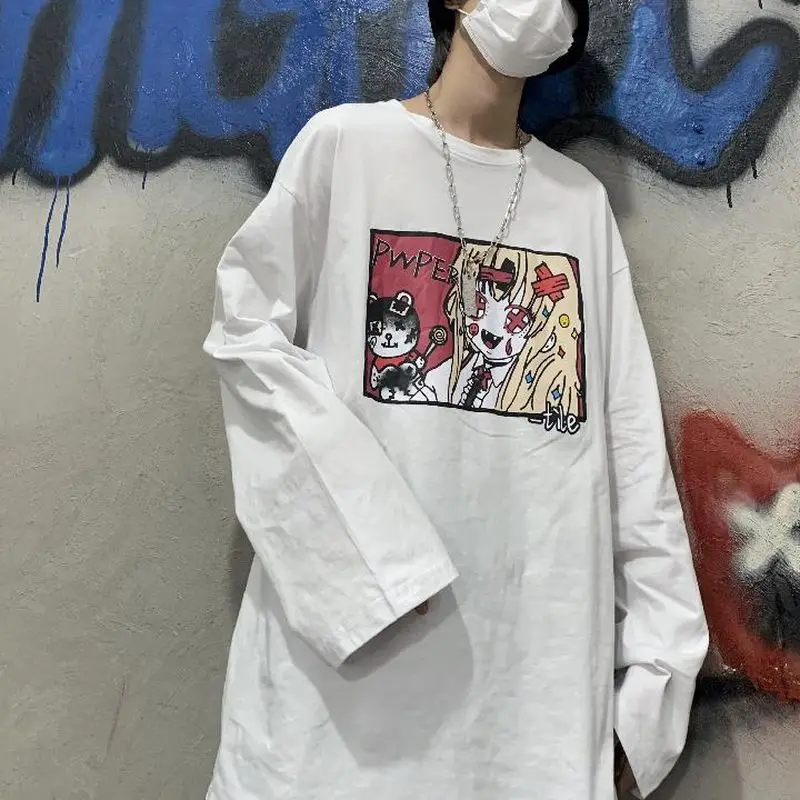 

T-shirt Men And Women Korean Fashion High Street Retro Harajuku Spoof Girl Cartoon Loose Long Sleeve T-shirt Men And Women Print