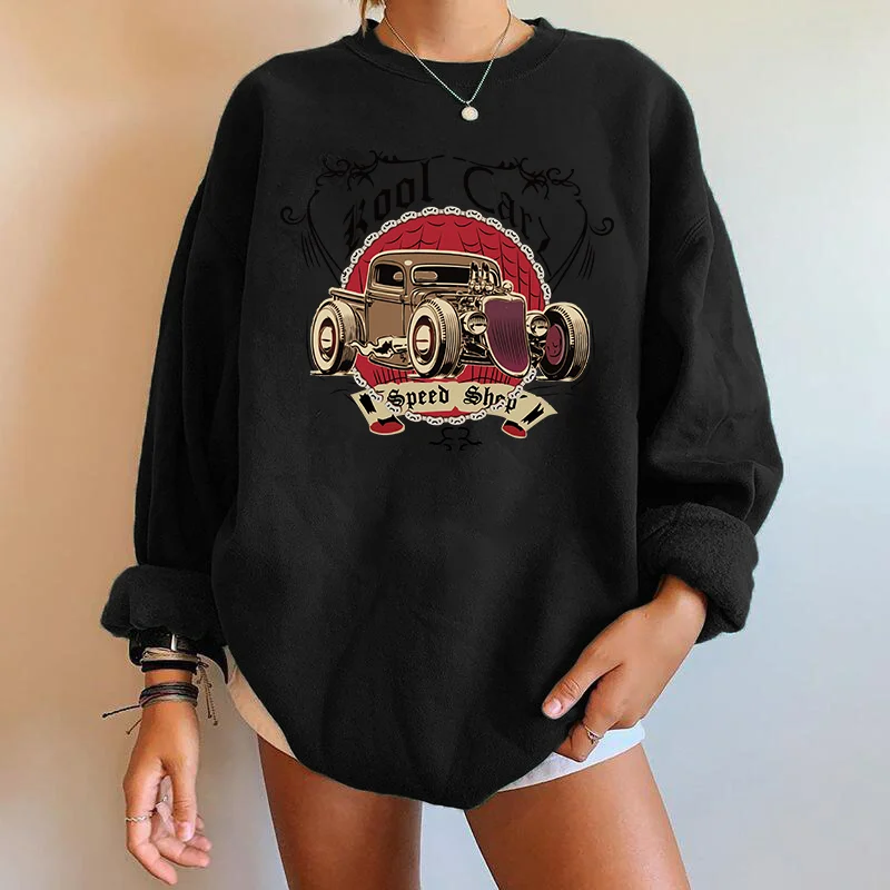 Vintage Car Print Women Sweartshirts Long Sleeve Crew Drop Shoulder Swearshirts Streetwear Vintage Tops Las Mujeres Sweetshirts
