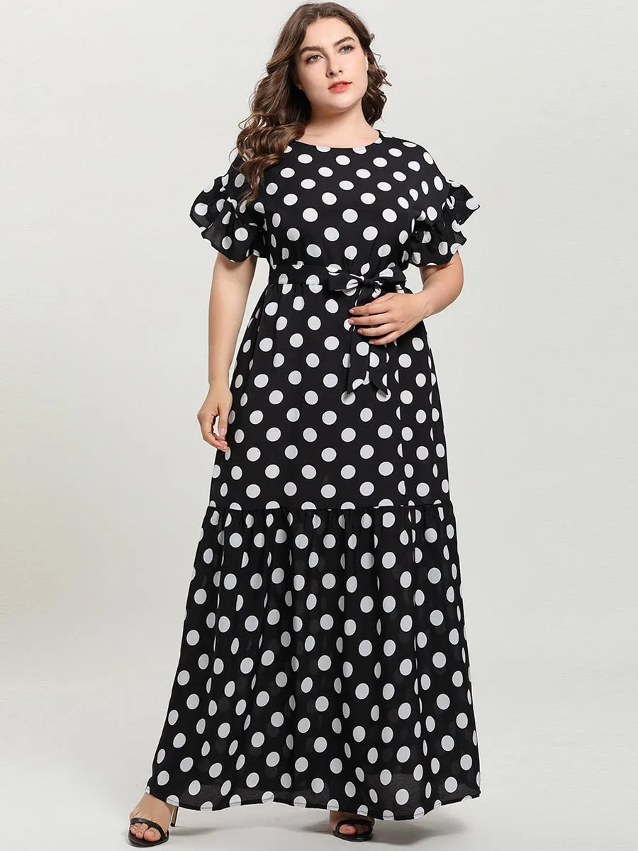 Muslim Dress Islamic Clothing Large Size Abaya For Women Ruffled Short-Sleeved Fashion Black Dot With Musulman | Тематическая