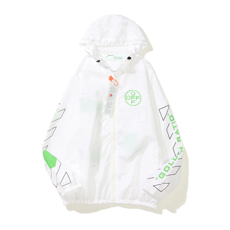 

2021 spring and summer new green arrow striped hooded windbreaker for men and women loose large size sunscreen thin coat