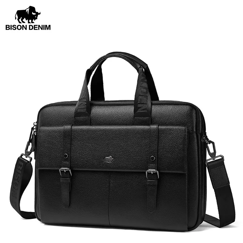 Bison Denim 2020 NEW Briefase business men's bag Genuine Leather Men Bag Business Casual Shoulder Bag 14 inch laptop Handbag