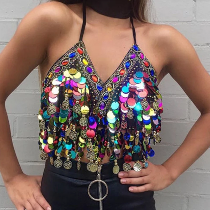 

Sequin Halter Bra Top Belly Dance Boho Festival Top Clubbing Tribal Bra BH Top Bellydance Sequins Beaded Bra