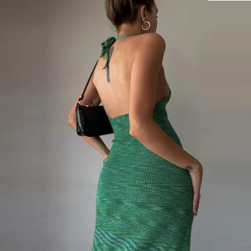 

Women Knitted Maxi Dress Sexy Backless Halter Bandage Sleeveless Long Dresses for Elegant Lady Club Party Night Streetwear