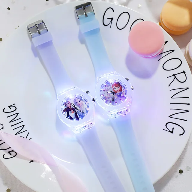 Disney Frozen Princess Watches for Girls Aisha Children's Luminous Elsa Watch Kids School Student Silicone Colorful Lights Clock 1