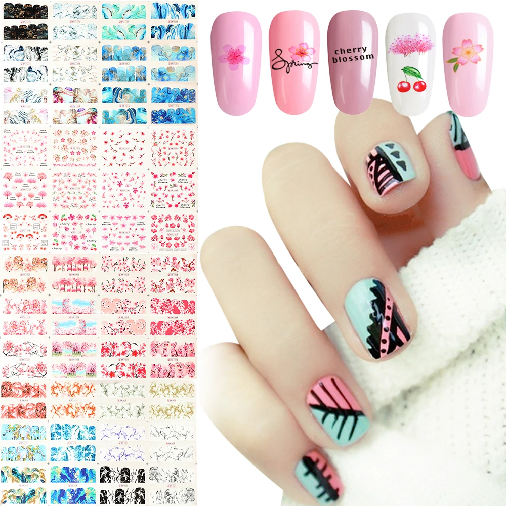 Full Cover Water Transfer Stickers Woman Fashion 3D Nail Sticker Gradient Marble Cherry blossoms flowers Art Decoration | Красота и