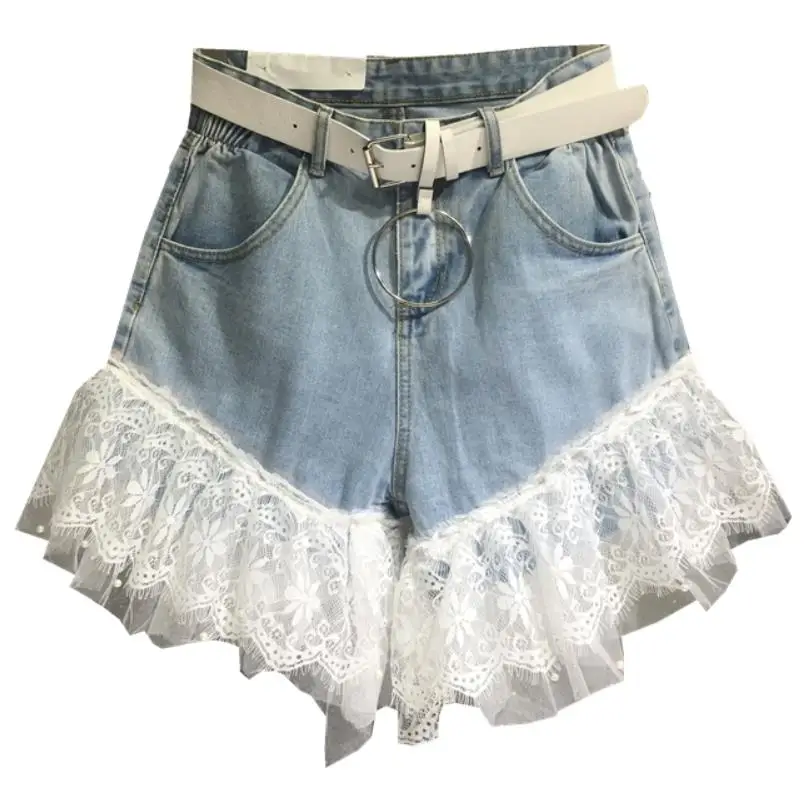 Кружевные сшитые джинсовые шорты женские летние свободные с высокой